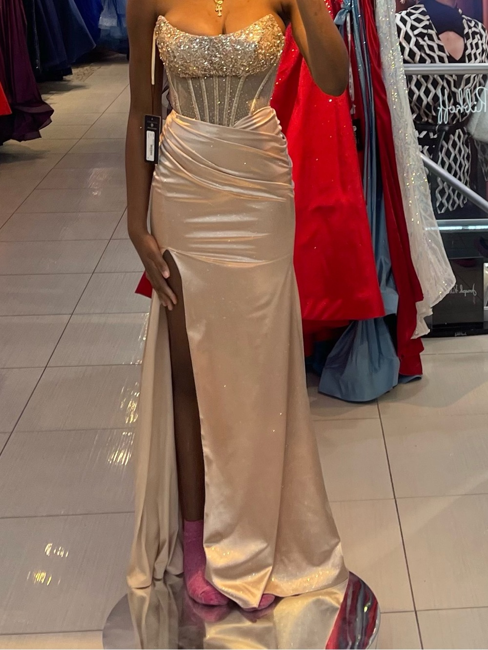 Stretch Satin Champagne Evening Gown with Embellished Bodice